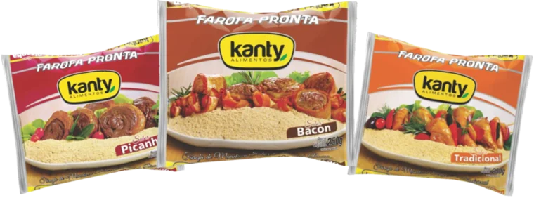 Embalagens da linha Farofa Pronta da Kanty